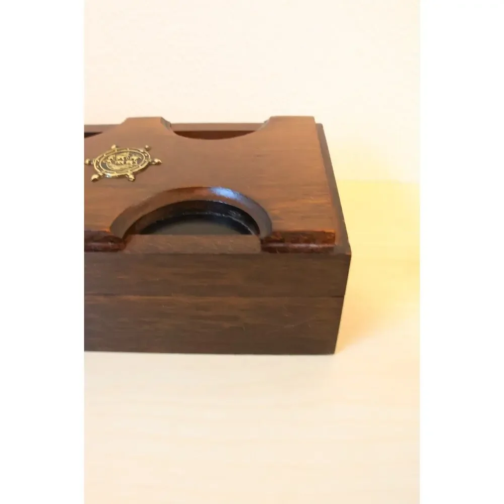 Vintage Nautical Wood Valet Jewelry Box Brass Ship Wheel Inlay Red Felt Lining
